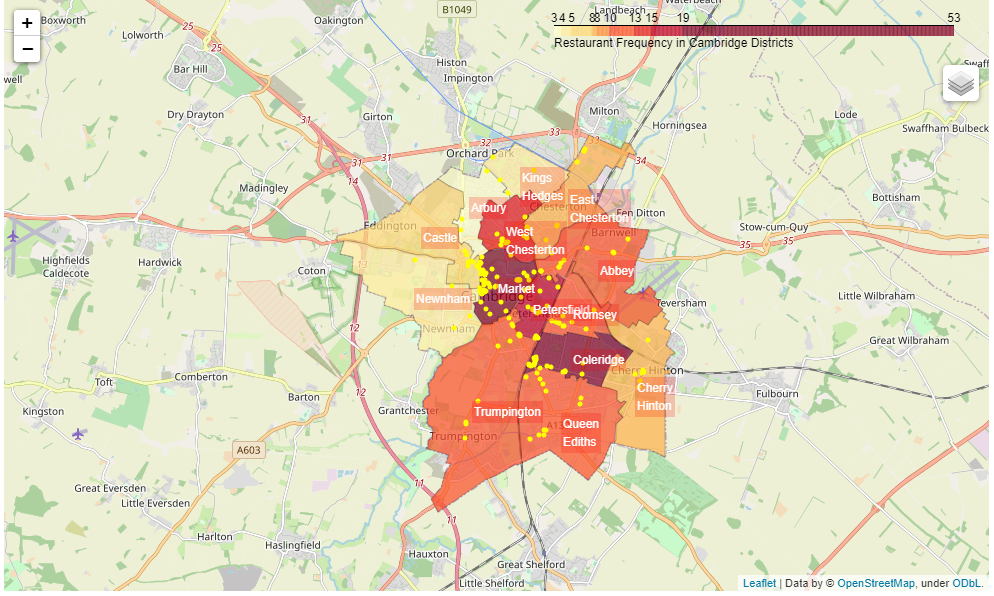 <p>By using a Choropleth Map we can clearly see the frequency chart but in a geographic way. The center locations of Cambridge clearly have the greatest frequencies of restaurants, with the suburbs having less.</p><p>On this map the yellow dots indicate the restaurant locations from the data that we have retrieved using the Foursquare API.</p><p>By adding this data to the map, we can start to see clusters of restaurants, and if you look closely it can even show where the main commercial roads run.